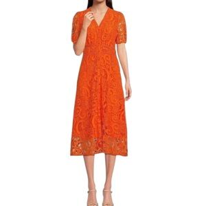 Nanette Lepore Orange Lace Overlay Button Front Fit n Flare Dress Size 8 New